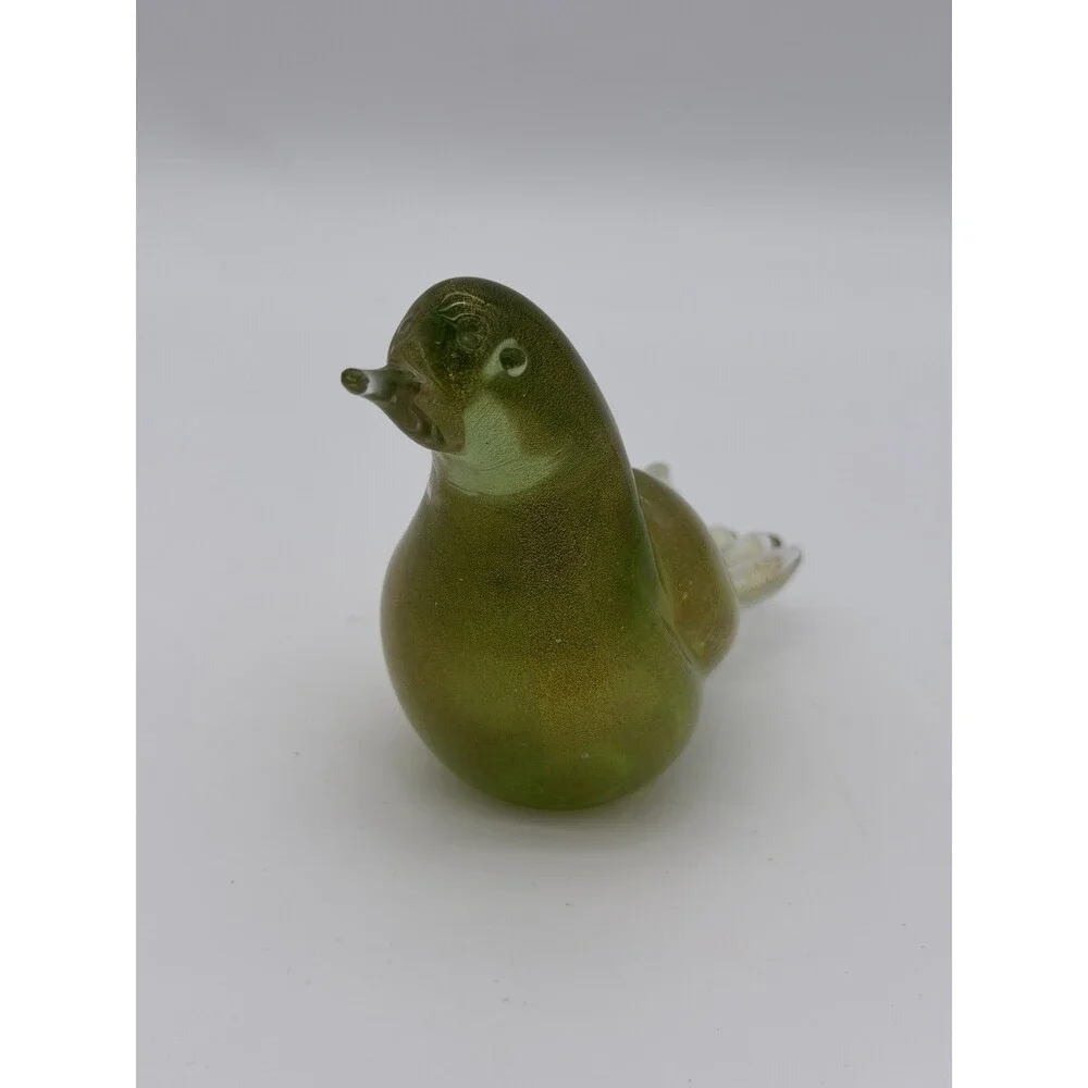 Formia Murano Italy Art Glass Green & Gold Flecked Bird Hand Blown Figurine